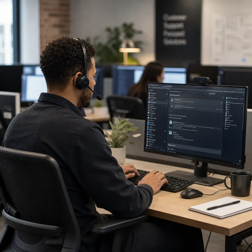 A support team collaborating at their desks